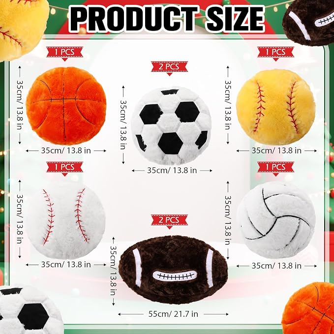 8 Pcs Sports Throw Pillows Bulk Fluffy Stuffed Football Soccer Baseball Volleyball Basketball Softball Pillows Plush Cushion for Room Decor Birthday Gifts