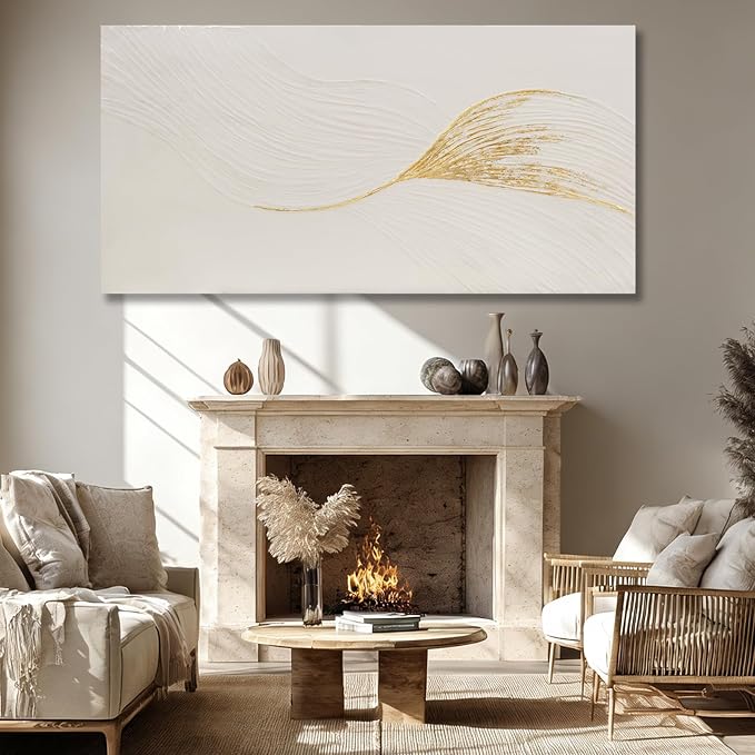 Dolidoteart Wall Art Hand Painted Oil Painting, Oversized Neutral White Gold Textured Abstract Wall Art, Long Horizontal 29x58 Inch Minimalist Wall Decor for Living Room Bedroom Above Couch