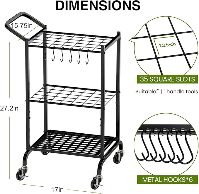 RANXFLOAT Garden Tool Organizer with Wheels, Yard Tool Tower Rack for Garage Organization and Storage, Up to 35 Long-Handled Tools,Metal Tool Holder with 6 Hooks, Black