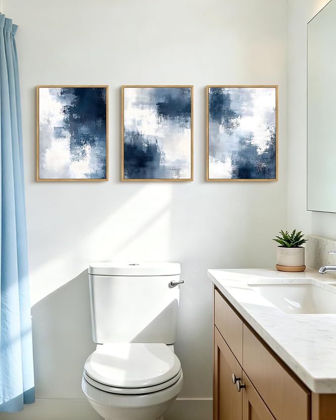 PHOPAGO Navy Blue and Gray Abstract Framed Wall Art Brush Strokes Pastel Wall Decor Modern Minimalist Art Paints for Bedroom Laundry Living Room - 12x16in Natural Framed
