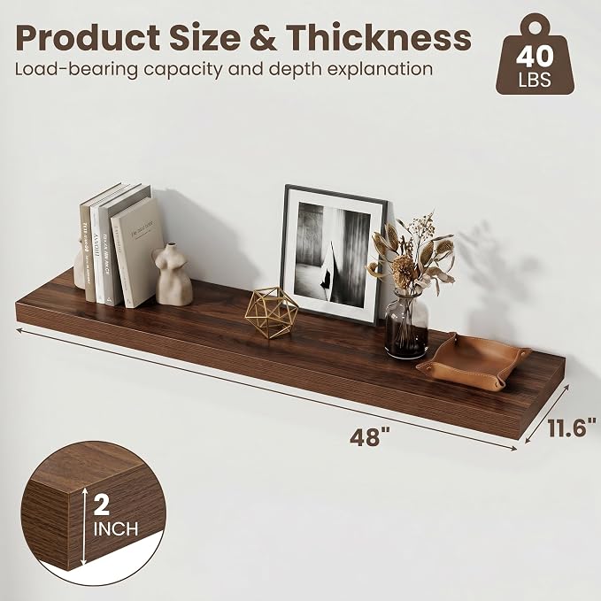 Fun Memories 48inch Floating Shelves, 12" Deep Wall Shelves for Storage and Home Decor, White Wall Shelves for Living Room Bedroom Bathroom Kitchen Laundry Room, Set of 2