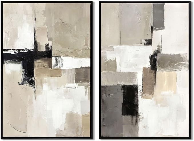 Set of 2 Modern Neutral Abstract Wall Art – Framed Beige, Gray, and Black Canvas Paintings for Living Room, Bedroom, or Office Décor – 16x24 Inches Each