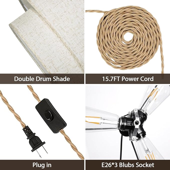 Plug in Pendant Light, 2-Tier Drum Linen Pendant Lights with 15.7FT Handmade Woven Light Cord，17.7" Plug in Chandelier for Dining Room Kitchen Island and Bedroom
