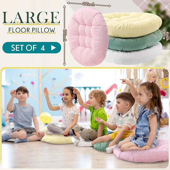 Jerify 4 Pcs Floor Pillow Cushions Large Round Square Large Meditation Floor Pillow for Classroom Adult Meditation Picnic Party Seating Learning Daycare School (Round,Macaroon)