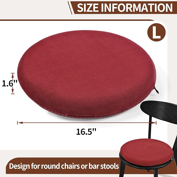 BUYUE Memory Foam Seat Cushion, Dia 16.5" Soft Velvet Round Stool Cushion Anti-Slip Chair Pads, L, Red