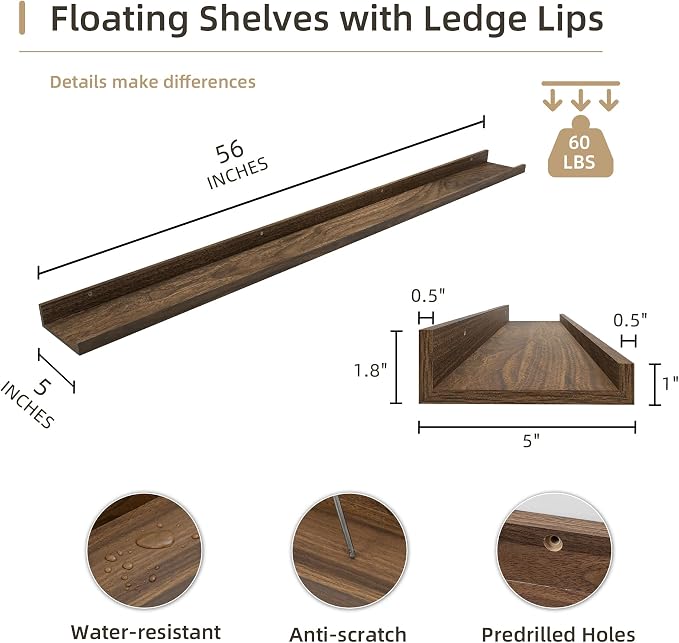 Acovy Picture Ledge Shelf, Wood, 56 inch, Walnut, Set of 2 | Long Floating Shelves, Wall Mounted, For Living Room Kids' Room Bedroom, Photo Ledge Nursery Book Shelves