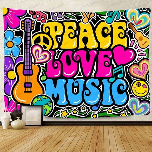 F-FUN SOUL Peace Love and Music Tapestry, 90x84inches Soft Flannel, Guitar Symbol Dove Flowers Psychedelic Art Tapestries Wall Hanging for Bedroom Living Room Decor Banner GTZYFS1204
