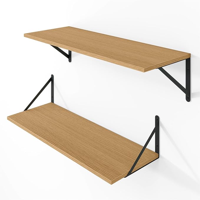 Vivelove 8 Inch Deep Floating Shelves for Wall, 24W x 8D Wood Wall Shelves Set of 2, Rustic Oak Wide Floating Bookshelf for Living Room, Kitchen, Office, Bedroom, with Black Metal Bracke - Oak
