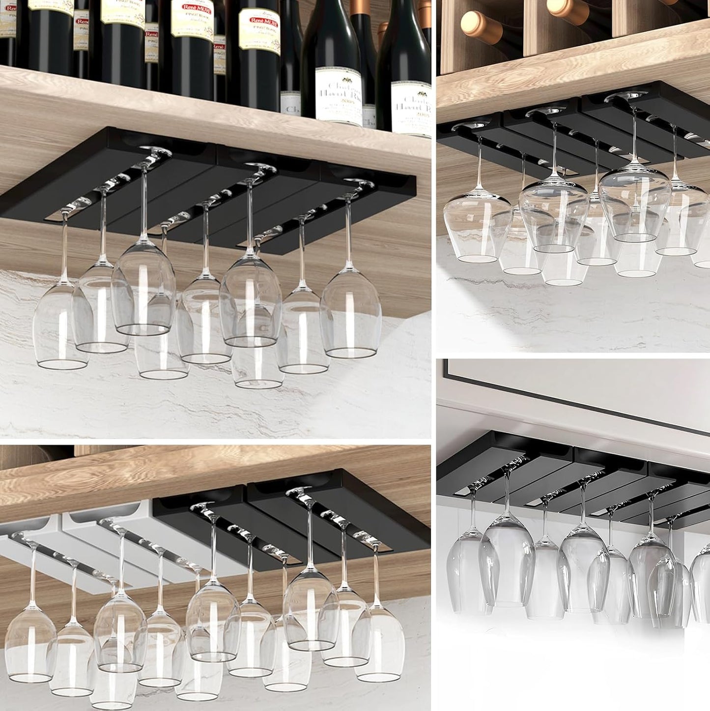 Wine Glass Holder Under Shelf or Cabinet Punch-free,Wine Glass Rack Stemware Rack Glassware Drying Storage Hanger for Kitchen,Bar and Restaurant (White)