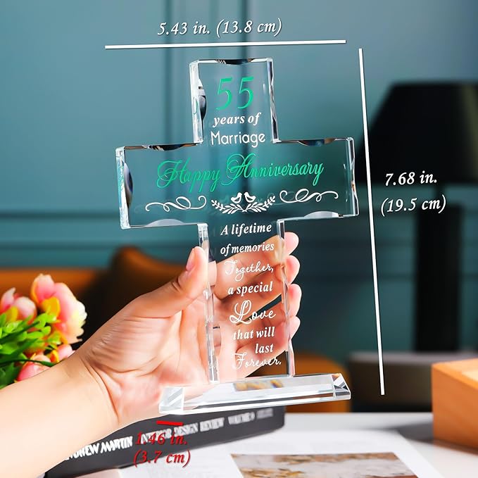 YWHL 55th Wedding Anniversary Glass Cross Gifts for Women Men, 55 Year Anniversary Religious Gift for Couple, Laser Engraved 55 Years of Marriage Party Decoration