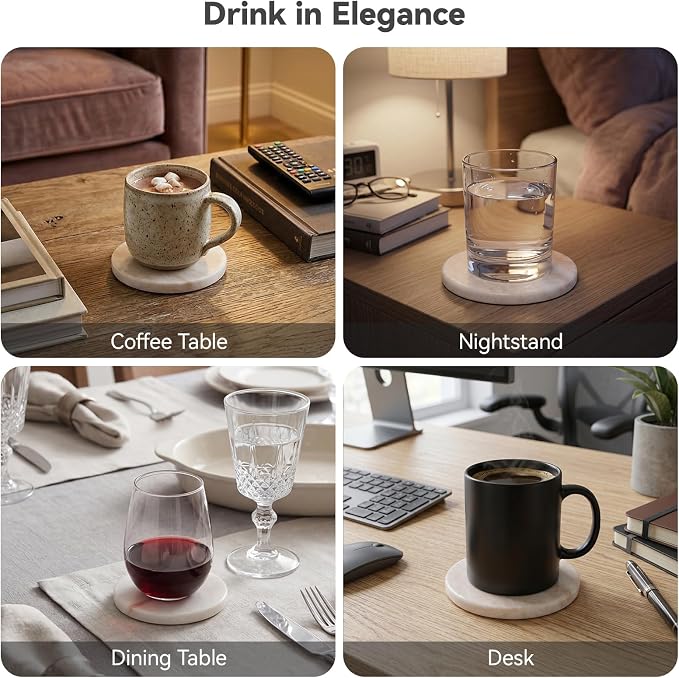 Creamy White Marble Coasters Set of 4 with Holder, Neutral Drink Coasters for Coffee Table, 4" Round Polished White Stone Coaster with Tan Veins – Heat Resistant, Non-Slip, Housewarming Gift