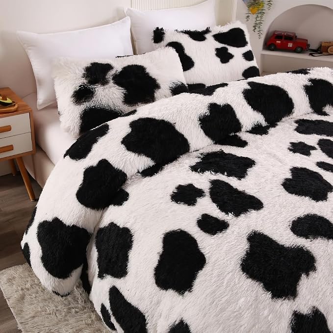 chovy Faux Fur Tie-Dyed Cow Print Black White Comforter Sets Queen - 3PC Bed Set Ultra Soft Plush Flannel Velvet Fluffy Fuzzy Bedding（Comforter x 1 Pillowcases x 2）