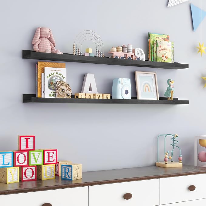FLYJOE Picture Ledge Shelf, Floating Shelves Set of 2, Solid Ash Wood 48'' Long Large Nursery Book Shelves for Toys Storage, Kids Bookshelf for Living Room Bedroom Decor Books Photo Frames, Black