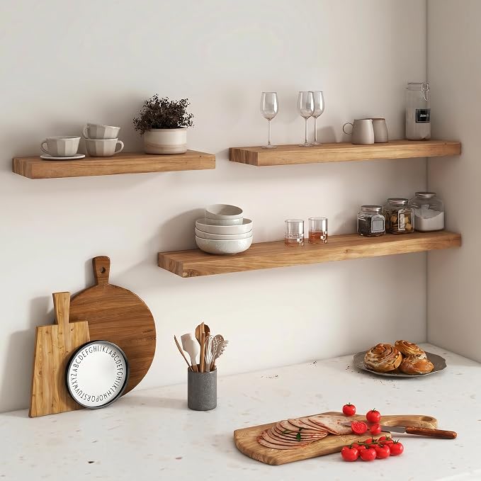 FLYJOE Floating Shelves for Wall, USA-Sourced Elm Wood 32 Inch Wall Shelves Set of 2, Natural Wooden Mounted Picture Ledge Shelf, Nursery Book Storage Shelf Kids Bookshelf Display, Shelf for Bathroom