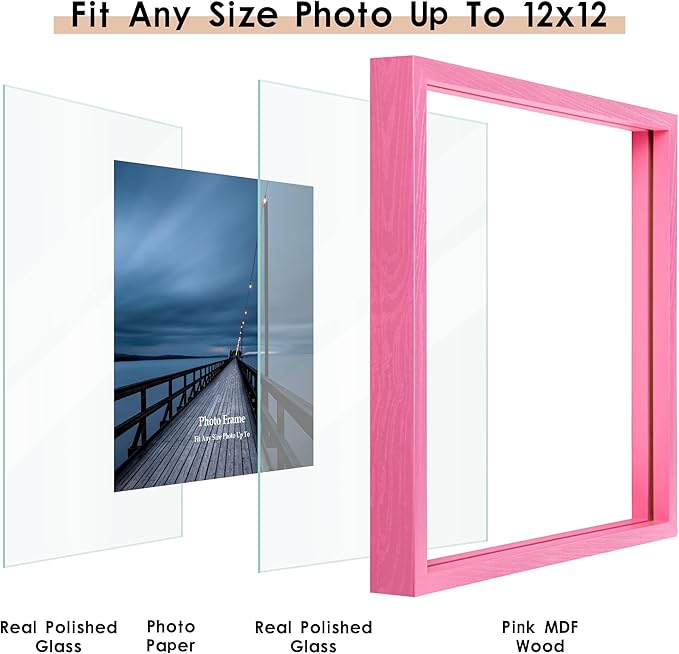 MUYE 12x12 Floating Frame Set of 2,Double Real Glass Square Photo Frame,Display Any Size Photo up to 12x12,Wall Mount or Tabletop Standing,Pink