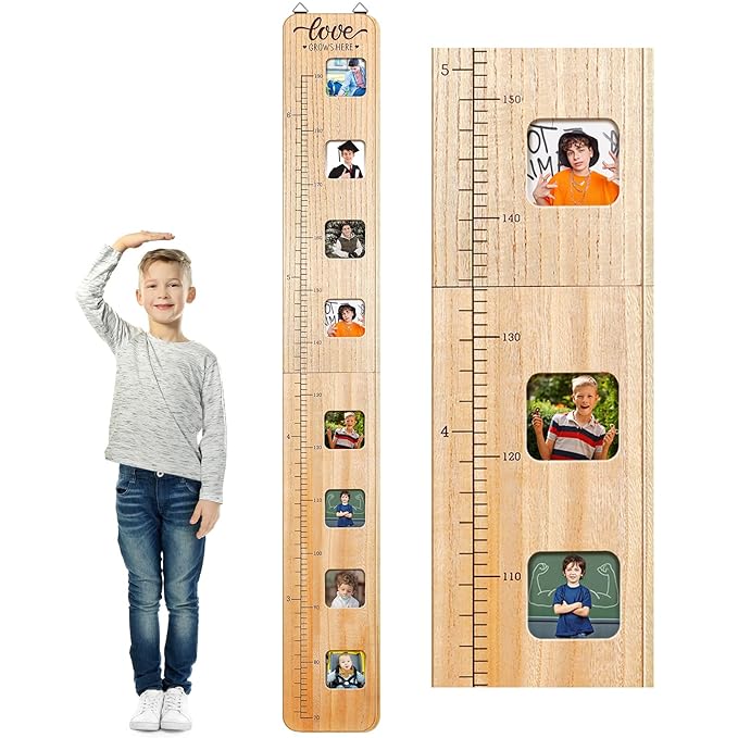Chunful Wooden Growth Chart for Kids with Picture Frames Height Growth Chart for Wall Foldable Height Measurement Ruler for Boy Girl Teen Bedroom Playroom Nursery Child's Room Wall Decoration