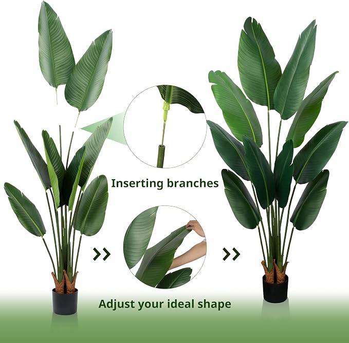 YEPDIN Artificial Bird of Paradise Plant 5 Ft Tall Fake Banana Leaf Plant for Indoors and Outdoors,Faux Palm Tree with Plastic Pot for Office and Home Decor,L1602PCS