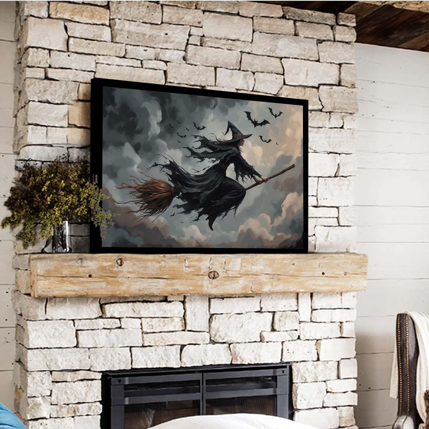 JFHCQJPK Witch and bat flying Halloween poster suitable for home party wall decoration retro Halloween preppy style wall art canvas print suitable for room decoration12x16in Metal blackFramed