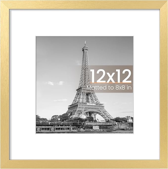 upsimples 12x12 Picture Frame, Display Pictures 8x8 with Mat or 12 x 12 Without, Wall Hanging Square Frames, Gold, 1 Pack