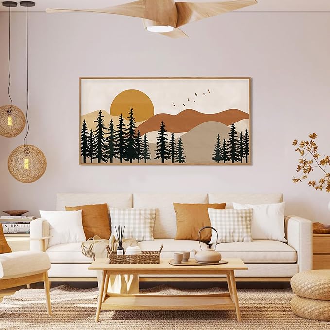 Large Boho Mountain Framed Canvas Wall Art Set,Nature Forest Pine Tree Wall Decor,Modern Mid Century Sunset Landscape Artwork for Living Room,Bedroom-20 x40