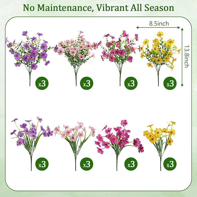 Yastouay 24 Bundles Artificial Flowers for Outdoors, UV Resistant Artificial Outdoor Flowers No Fade Fake Outdoor Flowers Plants for Garden Porch Window Box Farmhouse Pot Planters Decor (Multi ColorA)