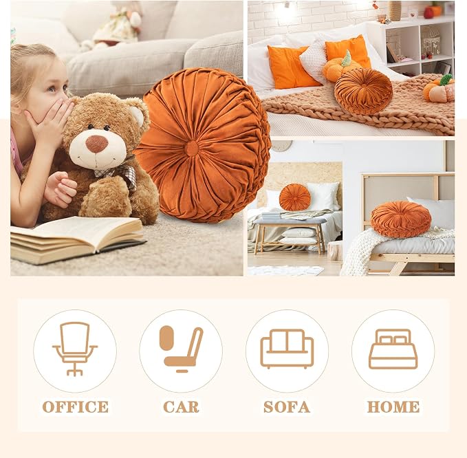 Drydiet 1 Pcs Round Throw Velvet Pillows Decorative Pleated Throw Pillows Diameter Accent Pumpkin Boho Chair Cushion for Couch Sofa Home Decoration (Brunt Orange,15'')