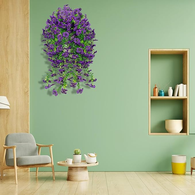 LikSoor 4 Pcs Artificial Outdoor Hanging Plants Spring Summer Decoration UV Resistant Faux Silk Flowers for Outside, Garden, Porch, Window, Home Decor (Purple+)