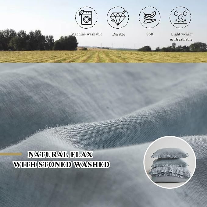 Simple&Opulence 100% Linen Duvet Cover Set, 3 PCS Natural French Flax Dusty Blue Ruffle Duvet Cover Queen Size, Breathable Comfy Linen Bedding Comforter Cover with 2 Pillowcases(Dusty Blue, 88" X 92")