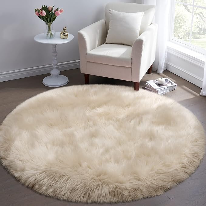 Fluffy Round Rug for Kids Room Beige Circle Faux Fur Area Rug for Bedroom, 4x4 Fuzzy Shag Rugs Furry Nursery Rug Teepee Mat, Circular Plush Floor Carpet