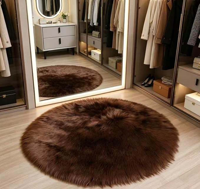 Faux Fur Sheepskin Rug Super Soft Fluffy Plush Area Rug Bedroom Floor Children's Room Sofa Cushion Living Room Runners Bedside Rugs (Coffee, 3×3 ft Rotund), 33KFYX