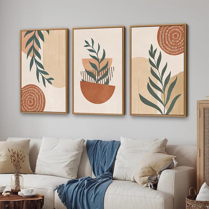 Rantodecor Large Boho Framed Canvas Wall Art Set of 3, Mid Century Modern Wall Decor, Bohemian Beige Geometric Line Art Paintings, Neutral Sage Green Leaf for Bedroom Living Room Office Home 24"x36"