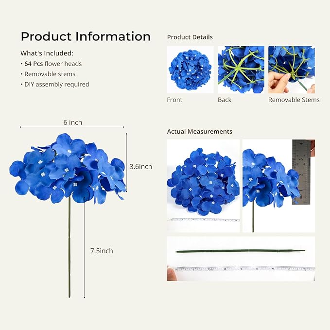 Auihiay 64PCS Royal Blue Hydrangea Artificial Flowers, Silk Hydrangea Heads with Stems, Fake Flowers for DIY Wedding Centerpiece, Home, Party, Baby Shower, Garden Decoration