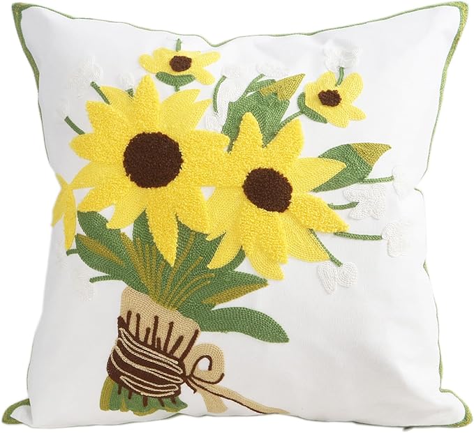 Embroidery Throw Pillow Covers Yellow Floral 18x18 Inch Decorative Cushion Case Tied Sunflowers 100% Cotton Home Decor Embroidered 45x45cm Tied Sunflowers Design, 1 Piece