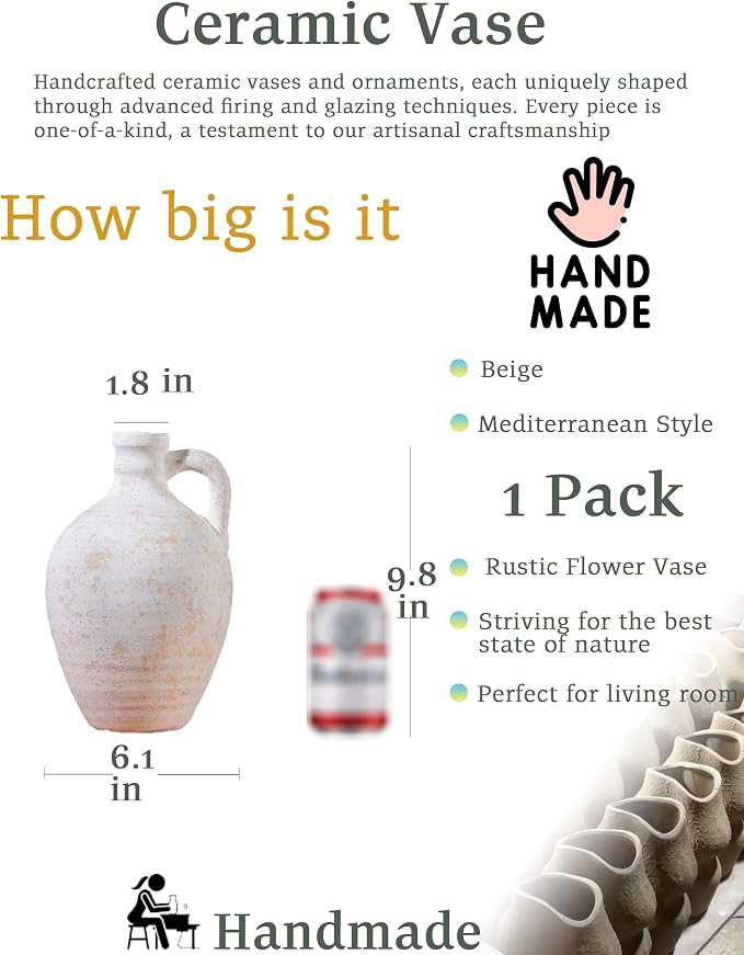 UPWOIGH 9.8in Ceramic Flower Vase with Handles | Off-White Finish, Handcrafted Weathered Texture, Rustic Farmhouse Style, Table Shelf Living Room Décor