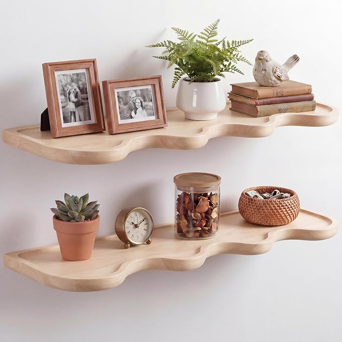 Pinkunn 2 Pcs Natural Wood Floating Shelves for Wall 24 Inch Wooden Wave Live Edge Floating Shelves Modern Scalloped Mounted Shelf Farmhouse Wall Decor for Home Living Room Bedroom Kitchen Decor