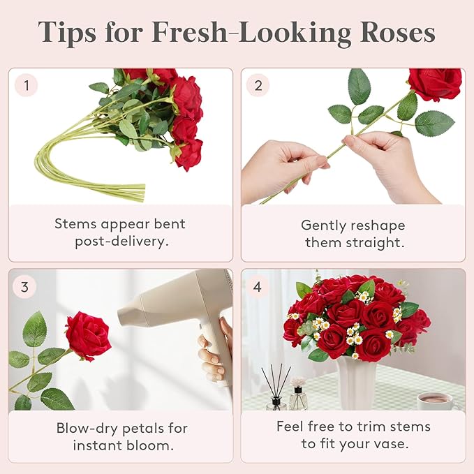 Lifewit Classic Red Artificial Roses Flowers, Faux Long Stem Silk Roses Bulky for DIY Wedding Bouquets Decoration, Centerpieces Arrangements, Velentine,12 Pcs
