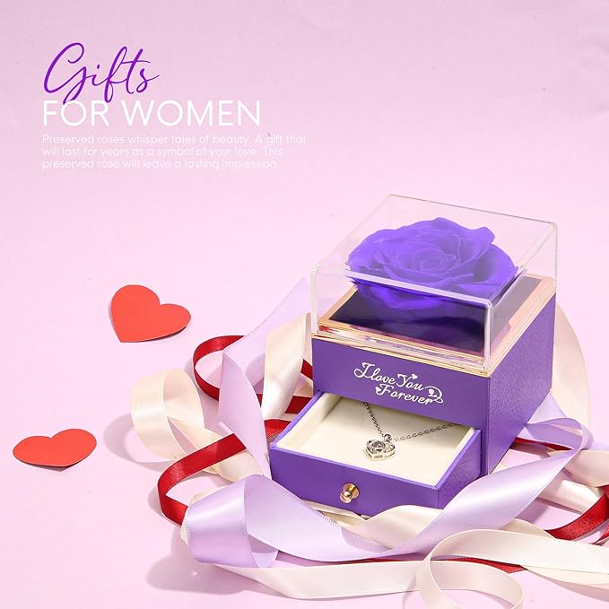 ASELFAD Preserved Real Rose with Heart Necklace -I Love You Forever Eternal Rose for Her, for Mom, Wife, Anniversary or Birthday Gifts for Women, Purple