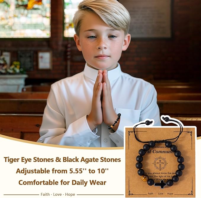 First Communion Gifts for Boys- First Holy Boy Figurine with Keepsake Box & Compass for Kids & Cross Bracelet Included, 1st Communion Gifts for Boys