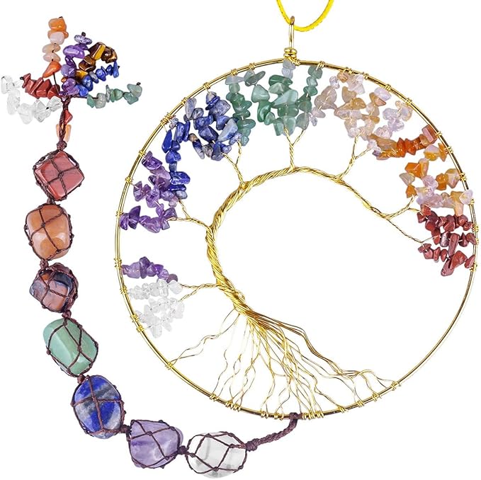 rockcloud 7 Chakras Stones Crystals Tree of Life Wall Hanger Tumbled Gemstones Meditation Hanging Ornament Window Ornament Wedding Souvenir Home Decor