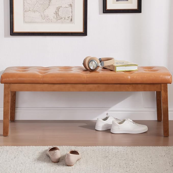 Ottoman Bench Upholstered Padded Seat with Solid Wood Legs and Button-Tufted, Faux Leather Cognac Brown