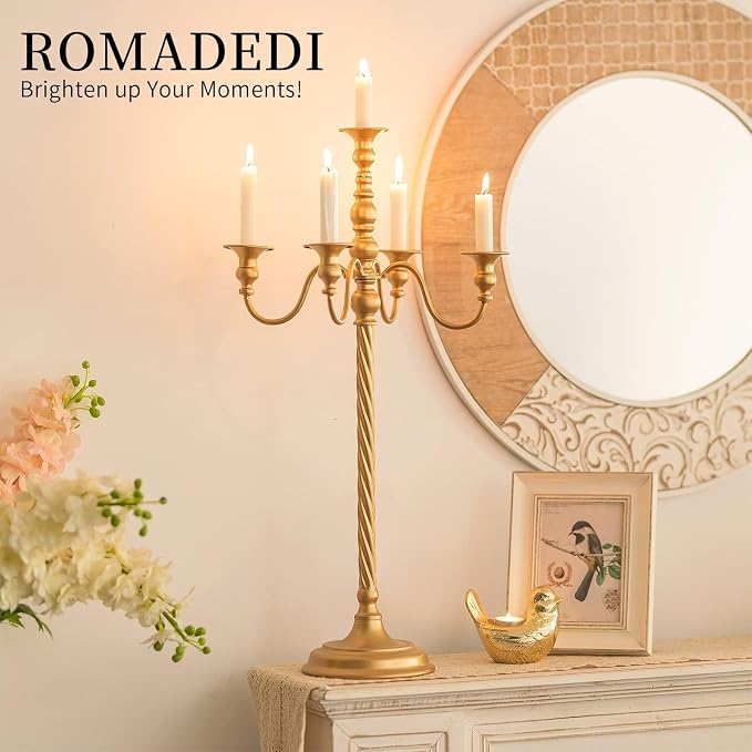 Romadedi Gold 5-Arm Candelabra for Taper Candles, 28 in, Pack of 2 | Metal Candlestick Holders with Curved Branches for Wedding Centerpiece, Reception, Dining Table, and Christmas Decor.