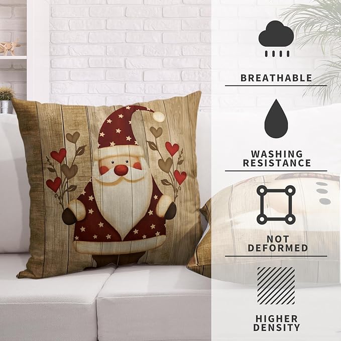 Pack of 2 Vintage Christmas Pillow Covers 24x24 Santa Pillowcase Snowman Throw Pillow Covers Winter Holiday Retro Wooden Pattern Pillow Case for Xmas Decor Couch Sofa