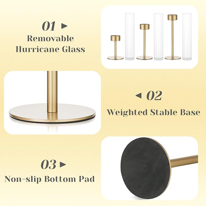 Hewory Gold Hurricane Candle Holders: Brass Candlestick Holders Set of 6 Tall Taper Candle Holders for Candlesticks Candle Sticks Holder Decor for Table Centerpiece Wedding Party Christmas Decorations