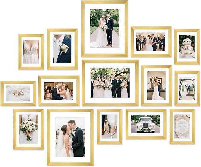 Fixwal Picture Frames Set, Gallery Wall Frame Set Picture Frames Collage 15 Pack for Wall or Tabletop with 8x10 5x7 4x6 Frames, Gold