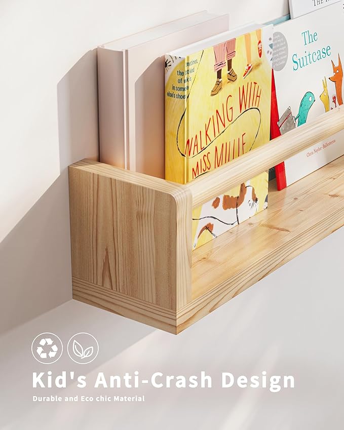 Seocry Nursery Book Shelves, 4 Pack, Wall Book Shelves for Kids Room, Baby, Toddler, Nursery Decor (Wood, 23 Inches)