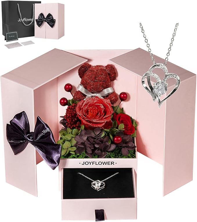 JoyFlower Preserved Flowers Bear with Necklace Gifts for Girlfriend, Unique Pearl Rose Bear Necklace Birthday Gifts for Mom, Red Eternal Roses Mother's Valentine's Day for Wife Her