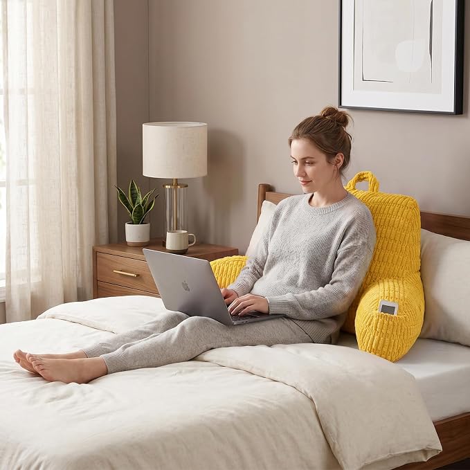 Reading Pillow for Sitting in Bed with Arm,Yellow Corduroy,M | Sitting Pillow for Teens Back Support,17" Backrest Pillow Supports Reading,Gaming & Relaxing in Bed,Couch,Floor