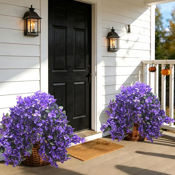 Grunyia 4 Pack Artificial Bougainvillea Hanging Basket Flowers – UV Resistant Fake Flowers with Silk Petals, Realistic Trailing Plants for Outdoor Indoor Wall Garden Home Wedding Decor (Purple)