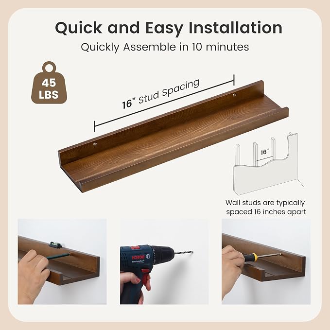 Picture Ledge Wall Shelves 24 inches Width Set of 3, Solid Pine Wood Rustic Floating Ledge Shelves for Wall for Kids' Room Bedroom Kitchen Bathroom Living Room Nursery Display Wall Decor, Walnut