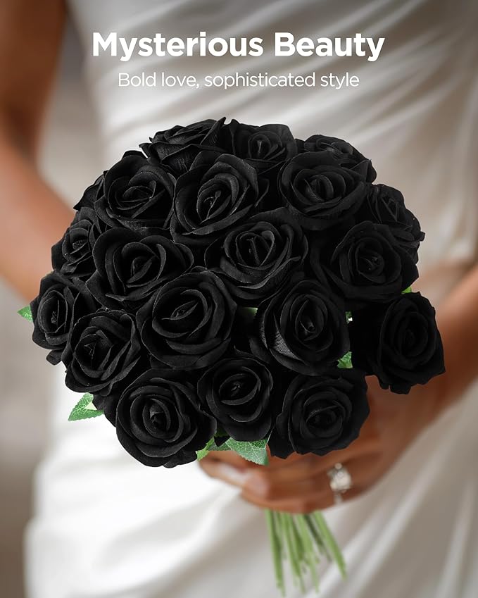 InnoGear 50 Pcs Black Roses Artificial Flowers, Fake Velvet Silk Rose Bulk Faux Flower for Decoration DIY Wedding Centerpieces Proposal Bridal Bouquets Shower Party Home Floral Decor (50, Black)